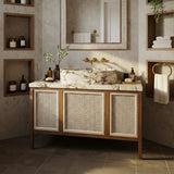 Handcrafted Amber Viola Calacatta marble sink with luxury gold wall-mounted faucet