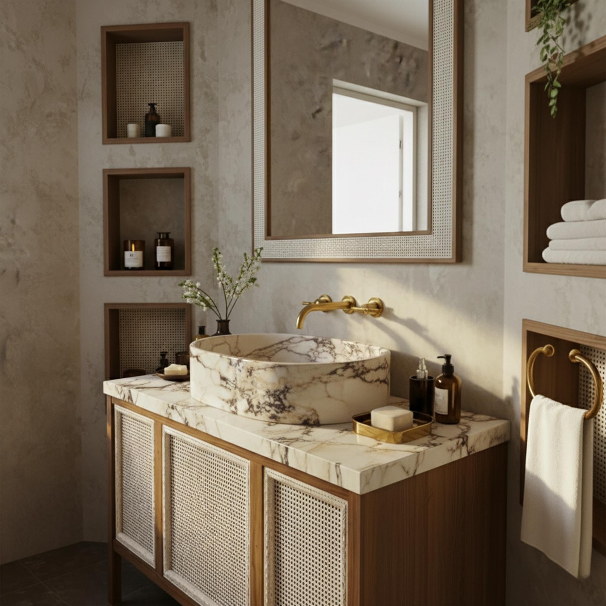 Oval Calacatta marble vessel sink on natural wood vanity with woven cane cabinet panels