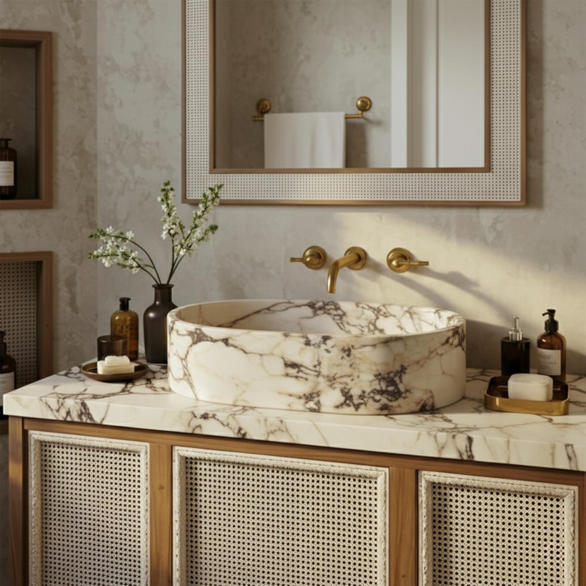 Elegant luxury bathroom sink in creamy marble with bold veining and designer fixtures