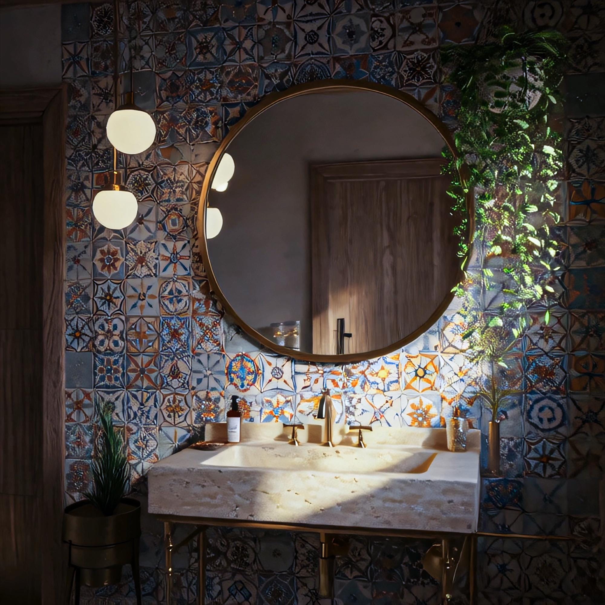 Mediterranean-style sink with natural marble texture.