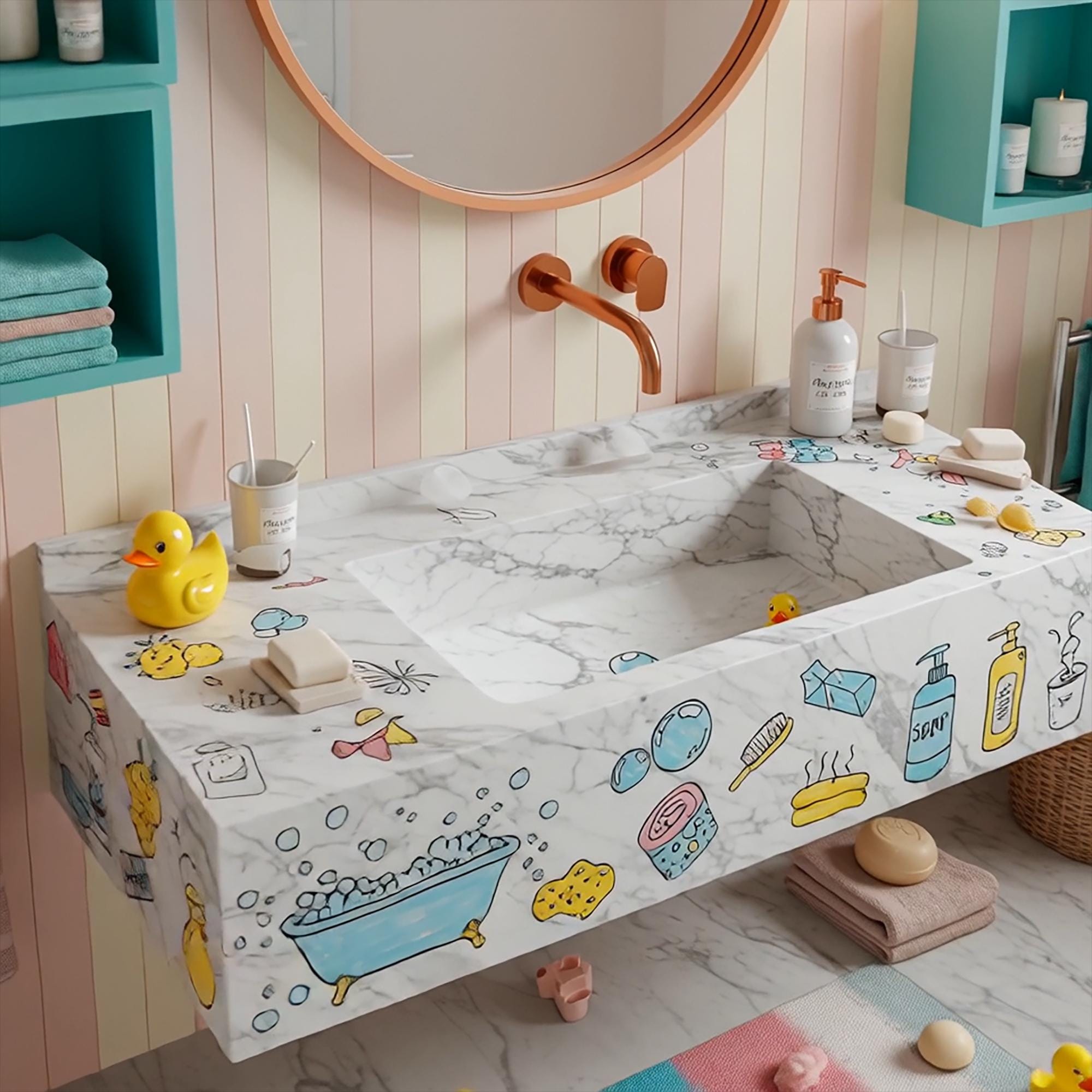 Dual basin Carrara vanity with unique printed artwork for children