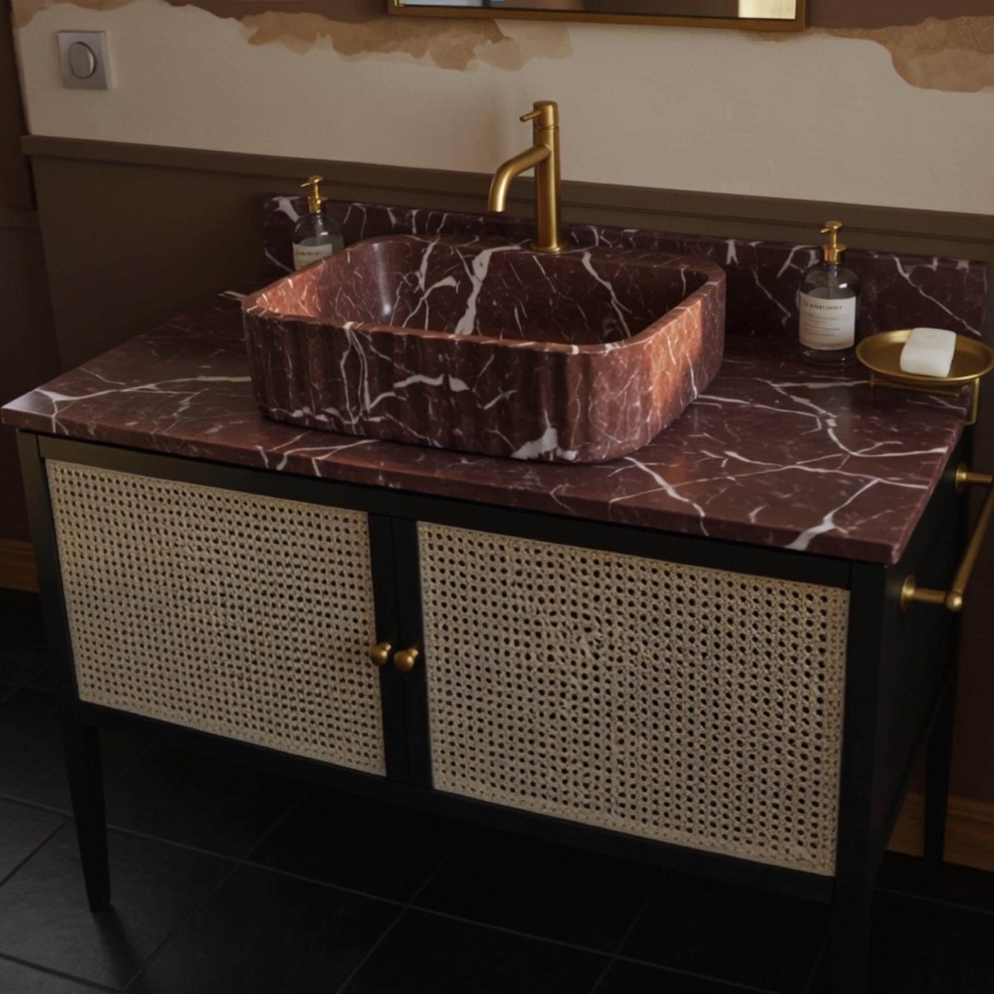 Modern vanity with red fluted marble basin and tap