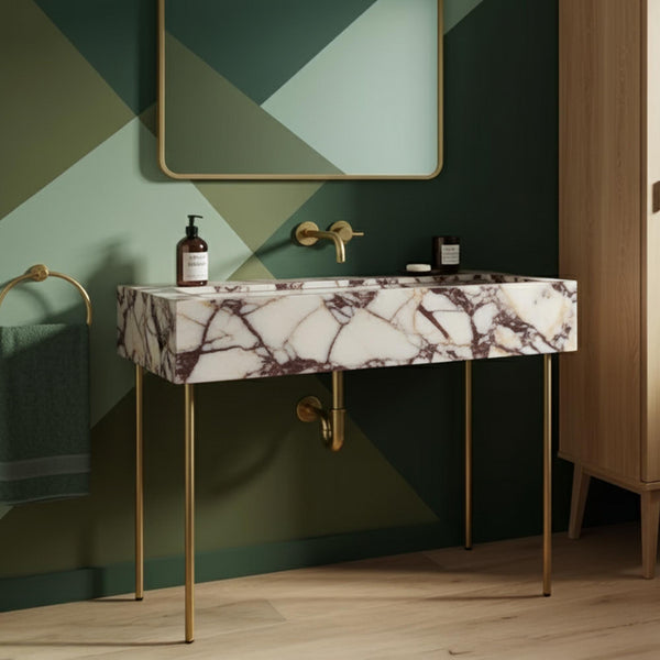 Calacatta Amber Viola Console Sink - Modern Marble Vanity with Brass Legs (40x15x7) M2M73