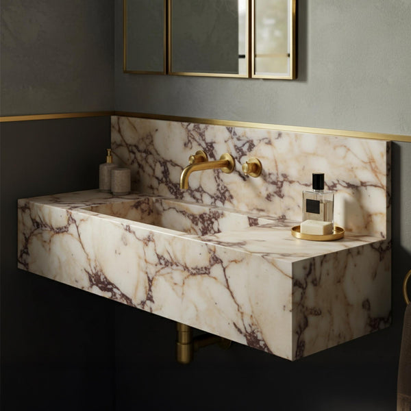 Calacatta Amber Viola Marble Wall Sink with Gold Fixtures M2S005