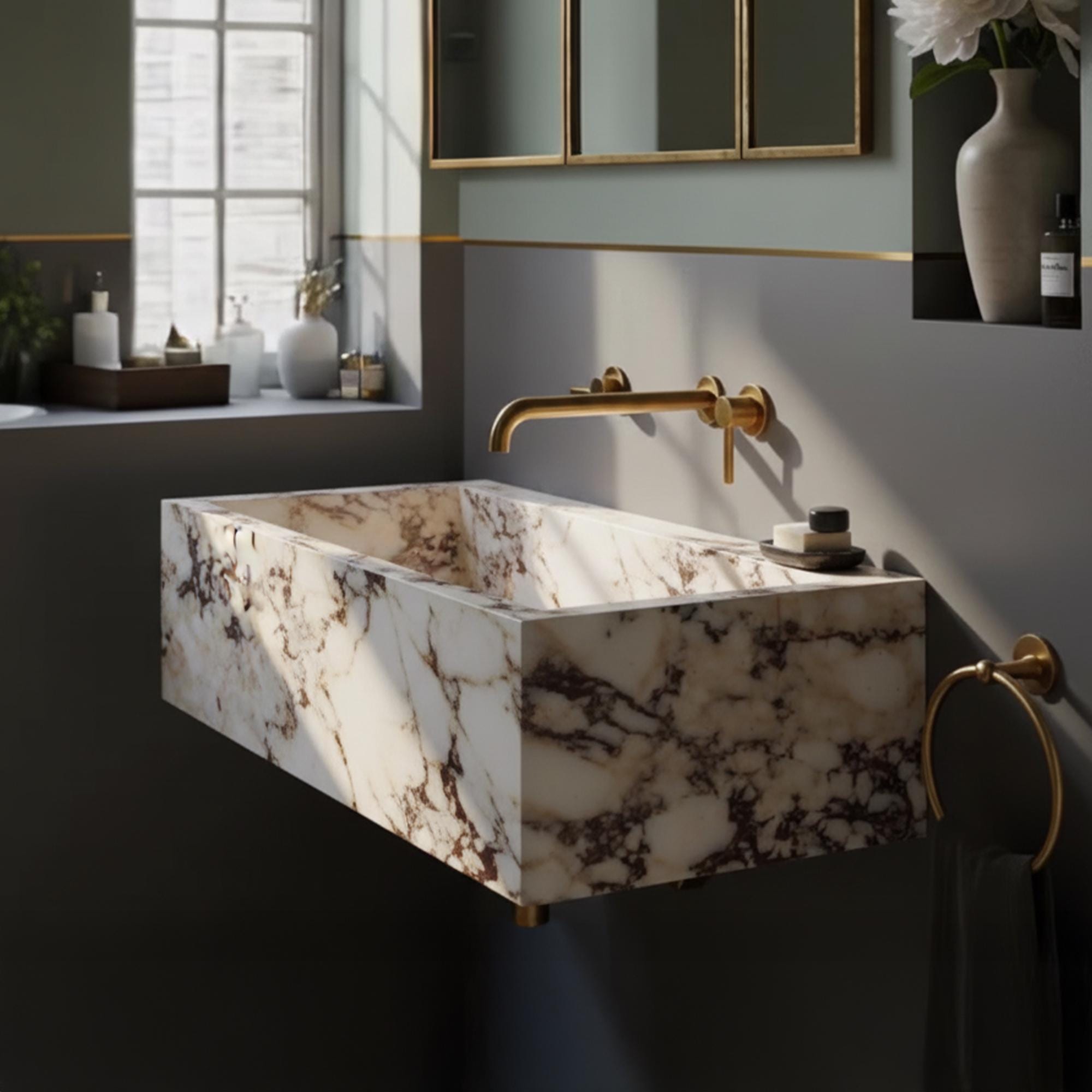 Wall-mounted Calacatta Amber Viola marble sink with golden fixtures in luxury bathroom setting.
