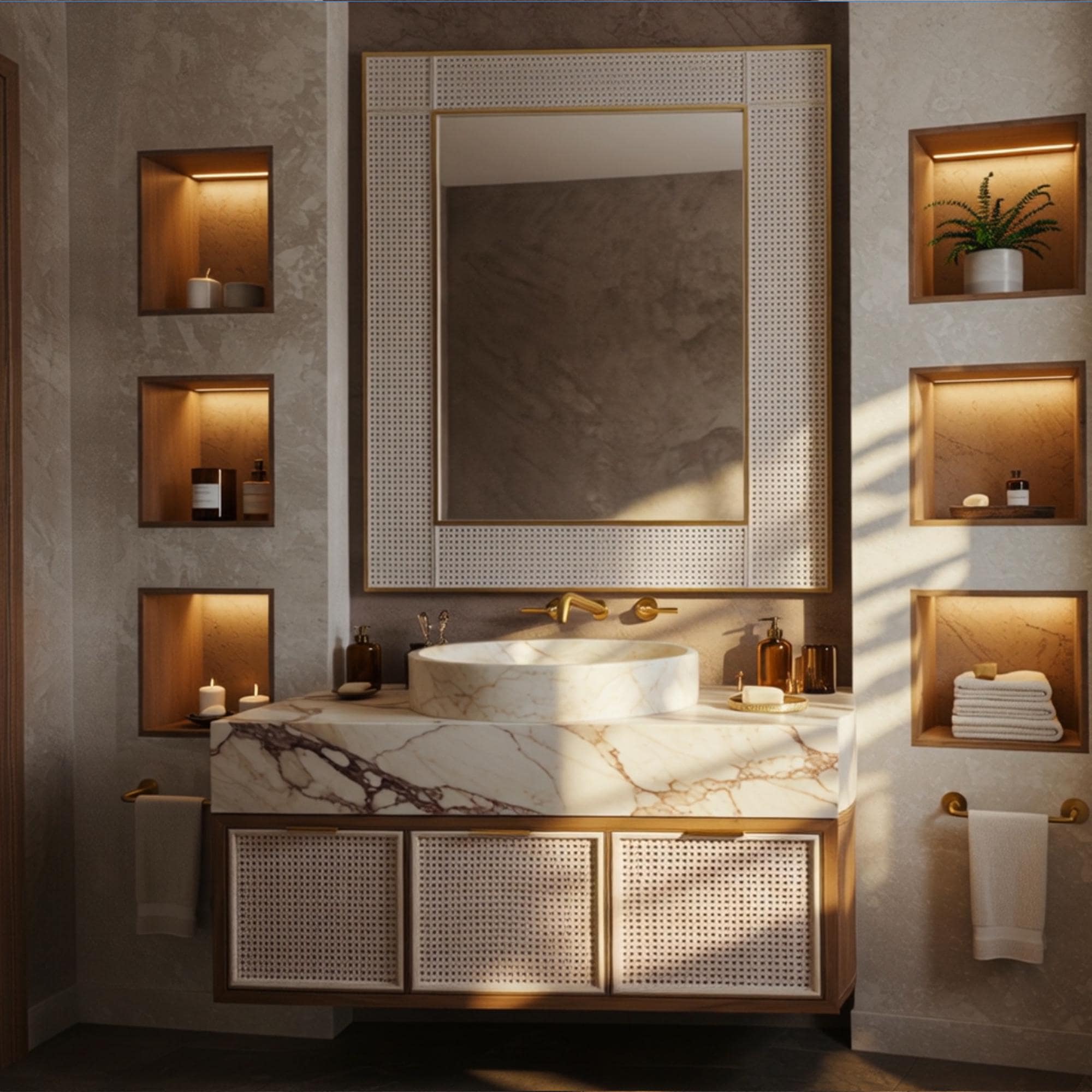 Handcrafted Calacatta Gold marble vessel sink with bold gold veining