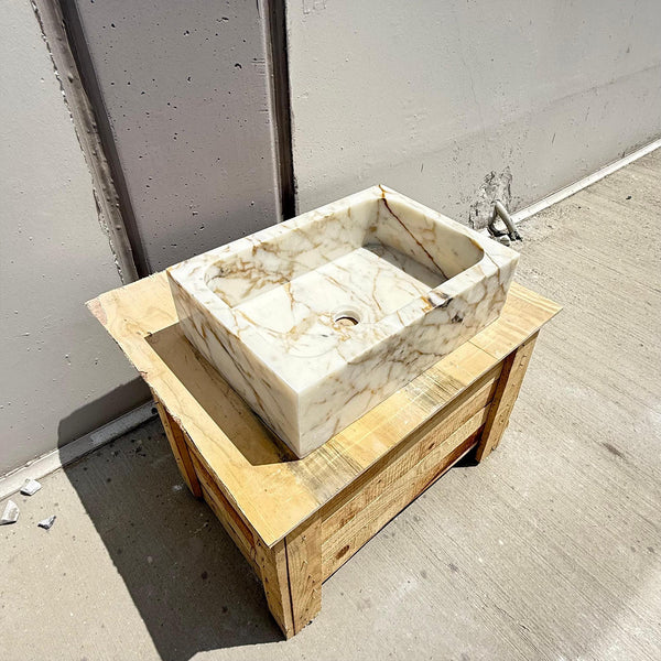 Calacatta Gold Rectangular Marble Sink - Compact Luxury Vanity for Powder Rooms M2S016