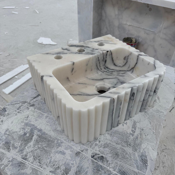Calacatta Fluted Marble Sink - Sculpted Triple-Hole Stone Vanity Basin M2S66