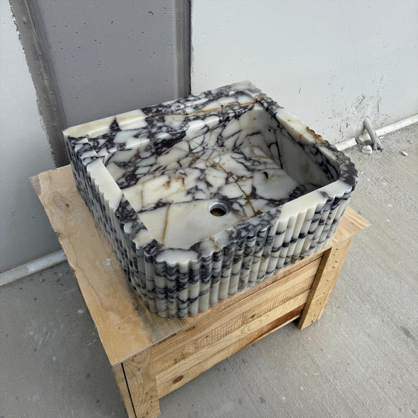 Fluted Calacatta Viola Marble Sink - Handcrafted Square Luxury Basin M2S68