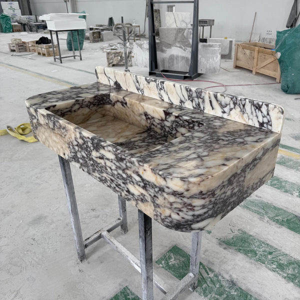 Calacatta Viola Marble Sink with Integrated Backsplash – Sculpted Luxury Stone Vanity M2S031