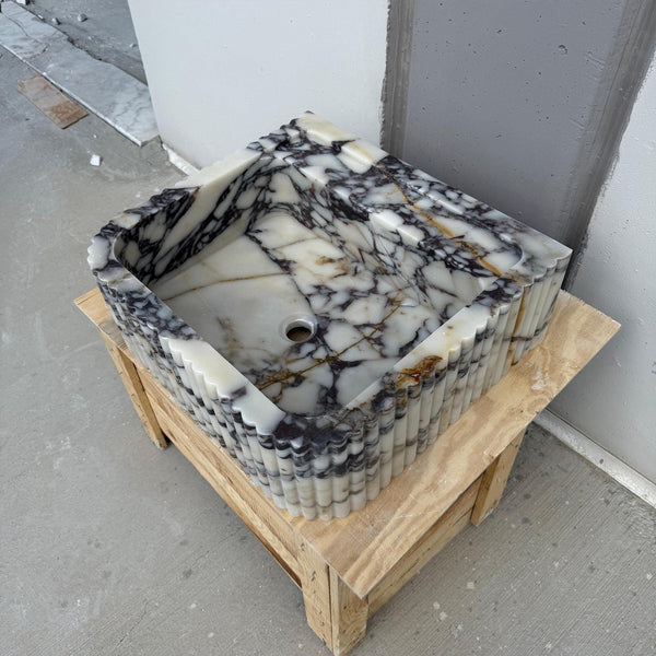 Fluted Calacatta Viola Marble Sink - Handcrafted Square Luxury Basin M2S68 hover