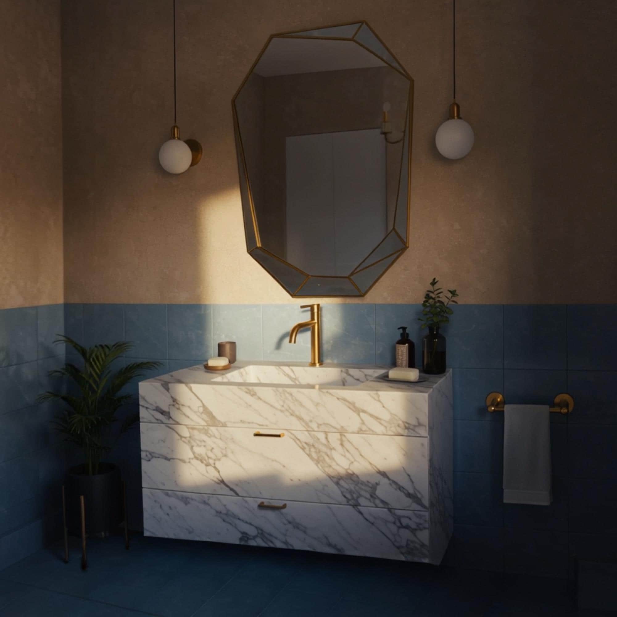Designer Carrara marble vanity top illuminated by soft light