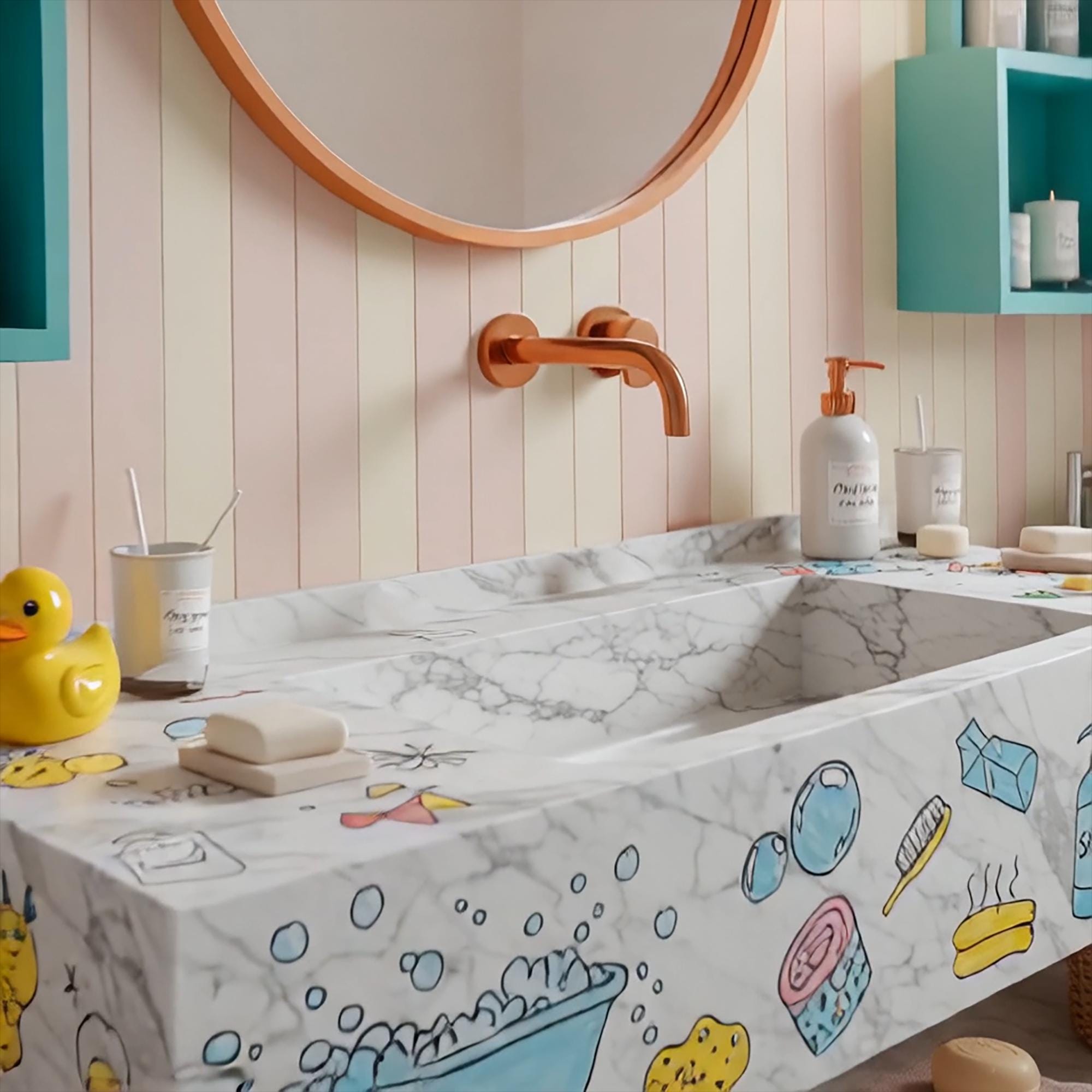 Luxury kids bathroom sink with whimsical soap and tub art on stone