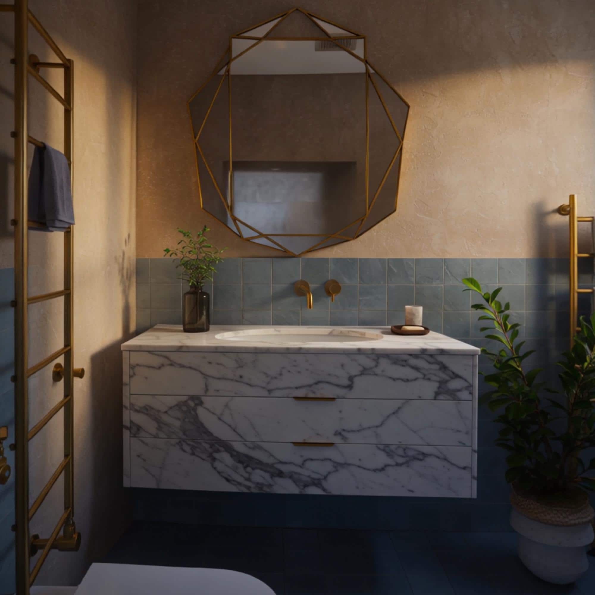 Wall-mounted marble bathroom sink with drawers