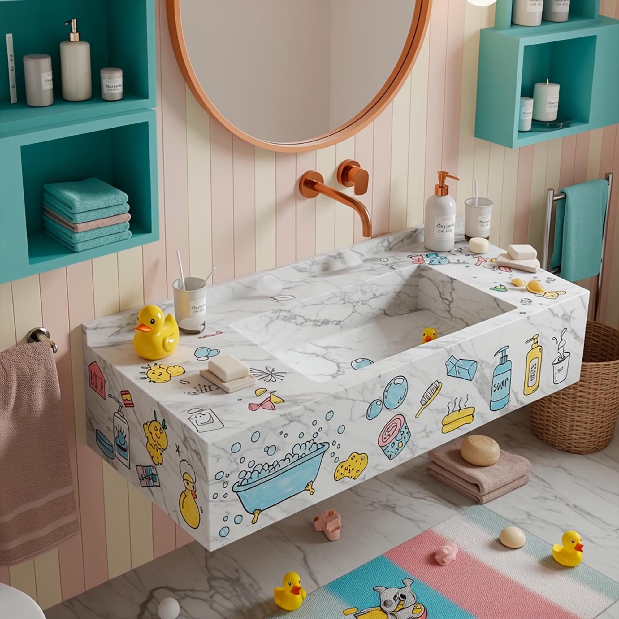 Fun kids’ sink in Carrara marble with wall-mount installation