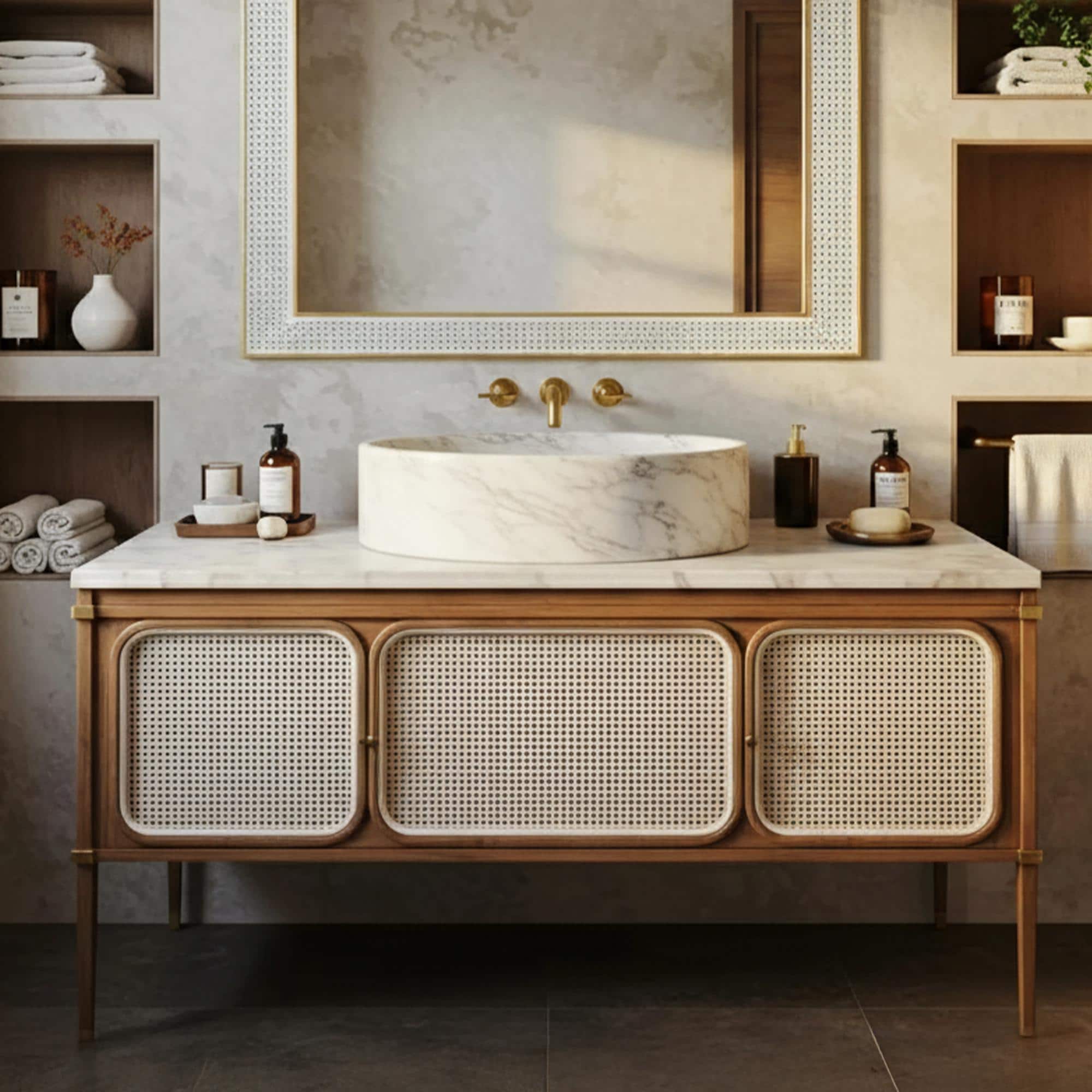 A refined bathroom vanity showcasing a round Carrara marble vessel sink atop a natural wood and rattan cabinet.
