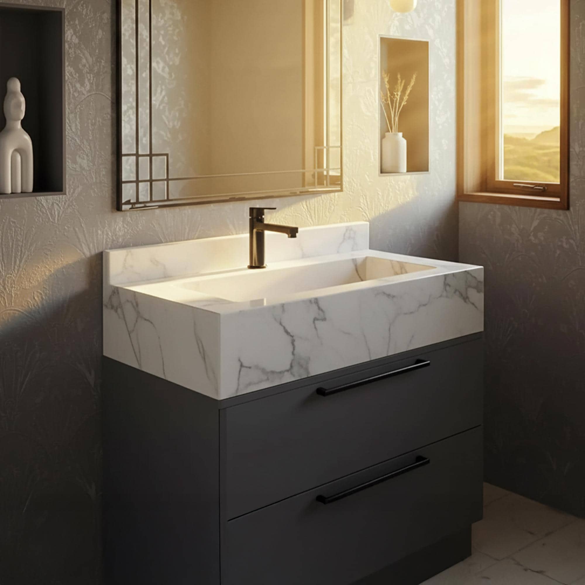 The image shows a Carrara marble vanity sink paired with a matte black cabinet in a modern luxury bathroom.