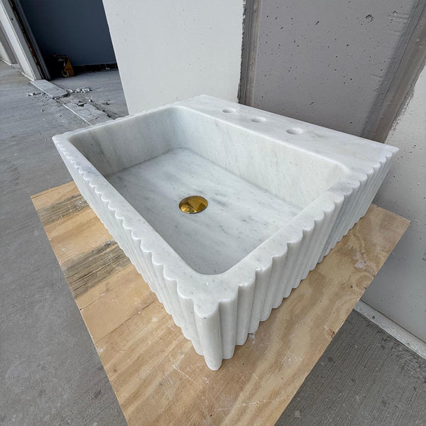Carrara Fluted Marble Sink - Rectangular Triple-Hole Vanity for Luxury Bathrooms M2S034