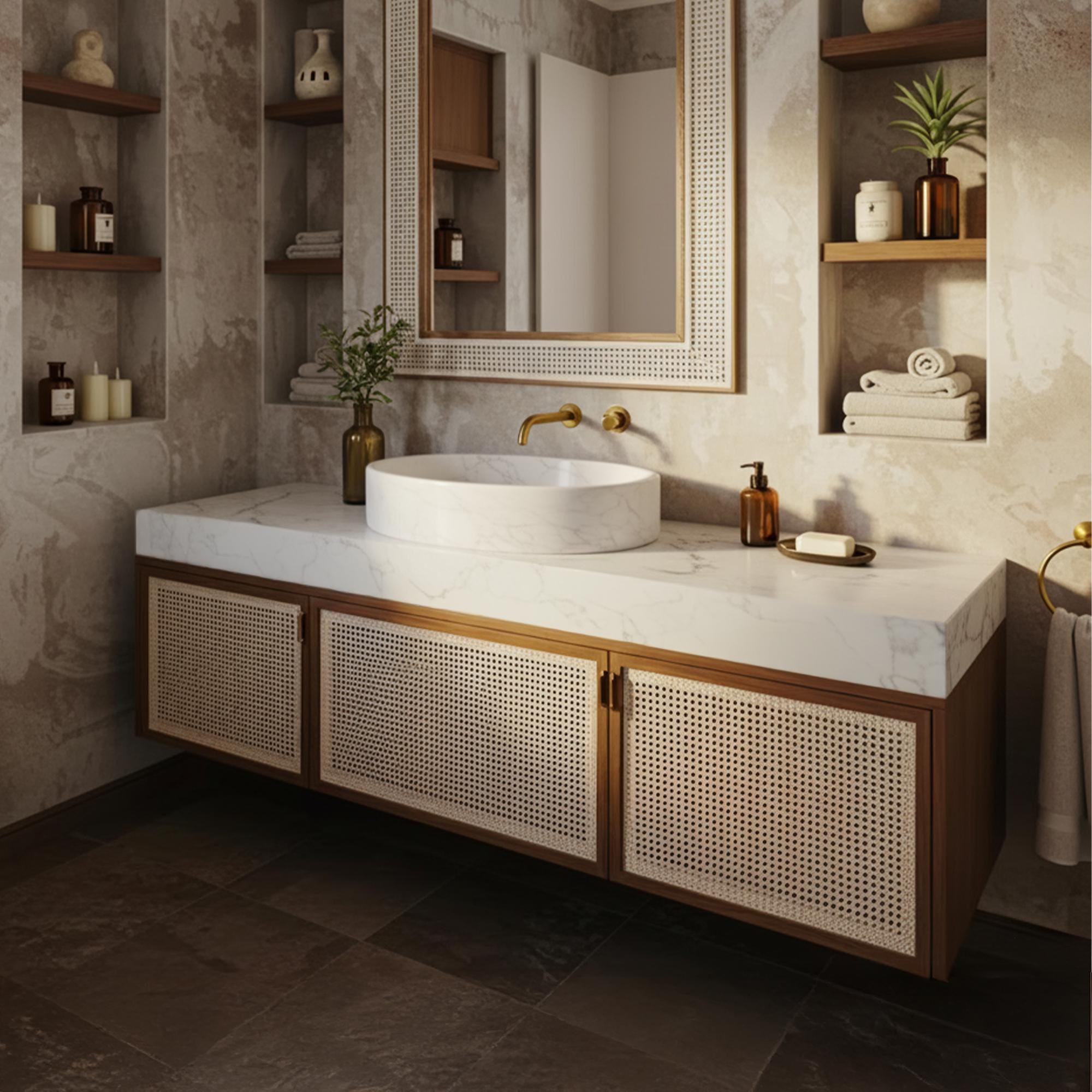 Carrara marble vessel sink on a floating rattan-fronted vanity in a luxury bathroom.