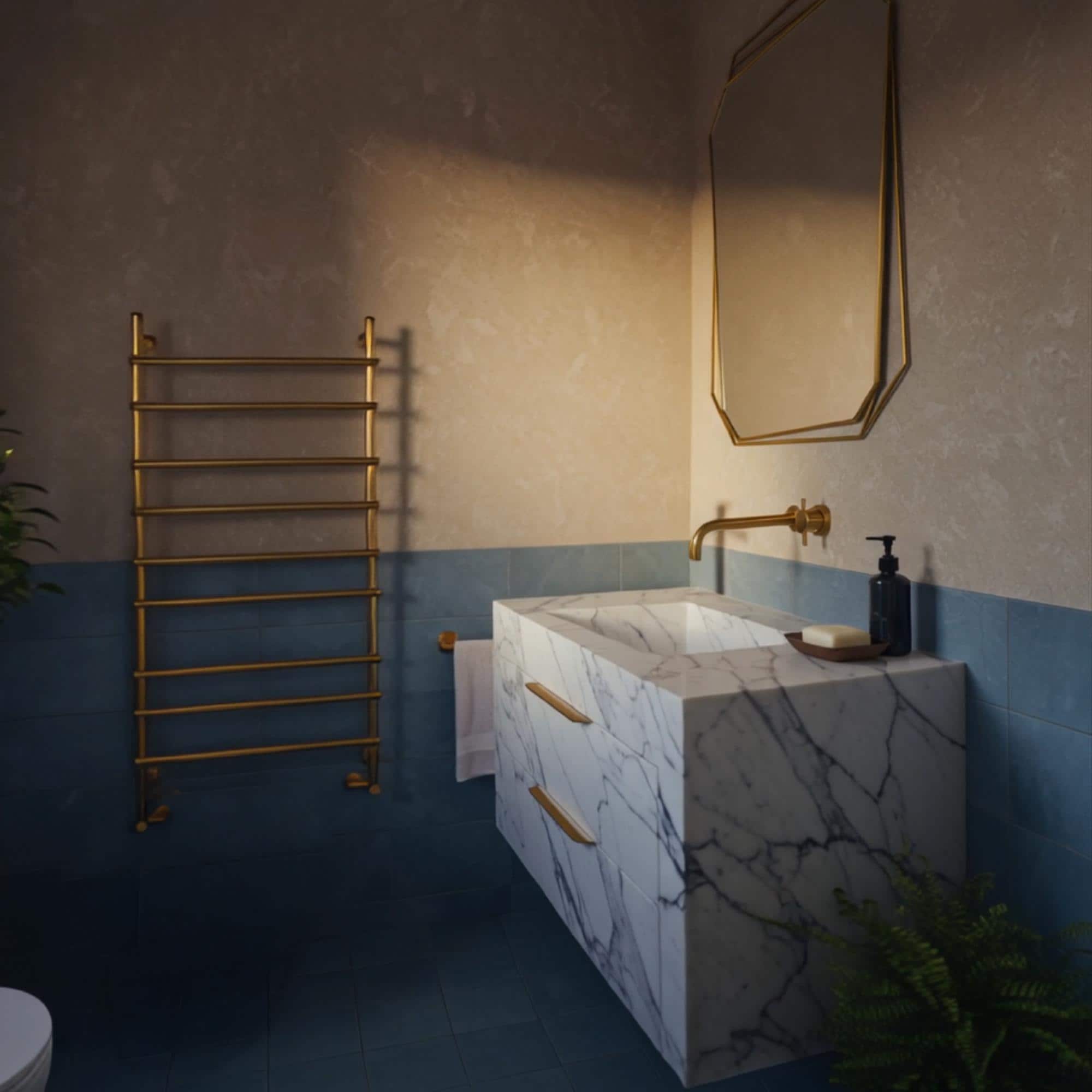 Modern marble sink cabinet with brass faucet