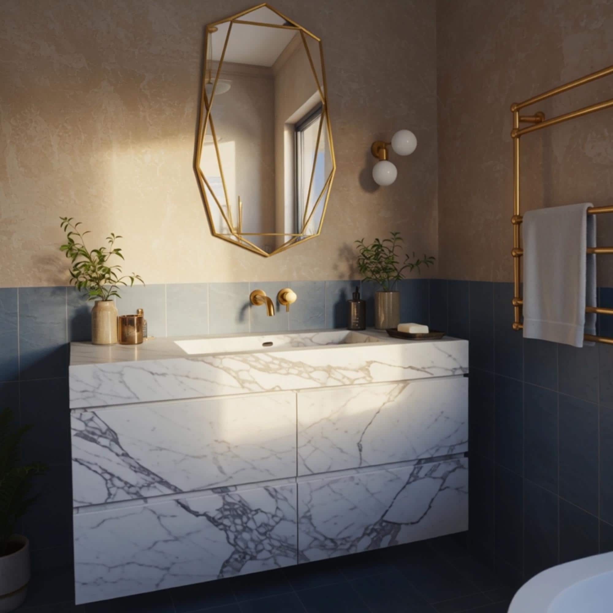Sunlight gently highlights the detailed marble patterns of a floating vanity with built-in sink and streamlined storage.