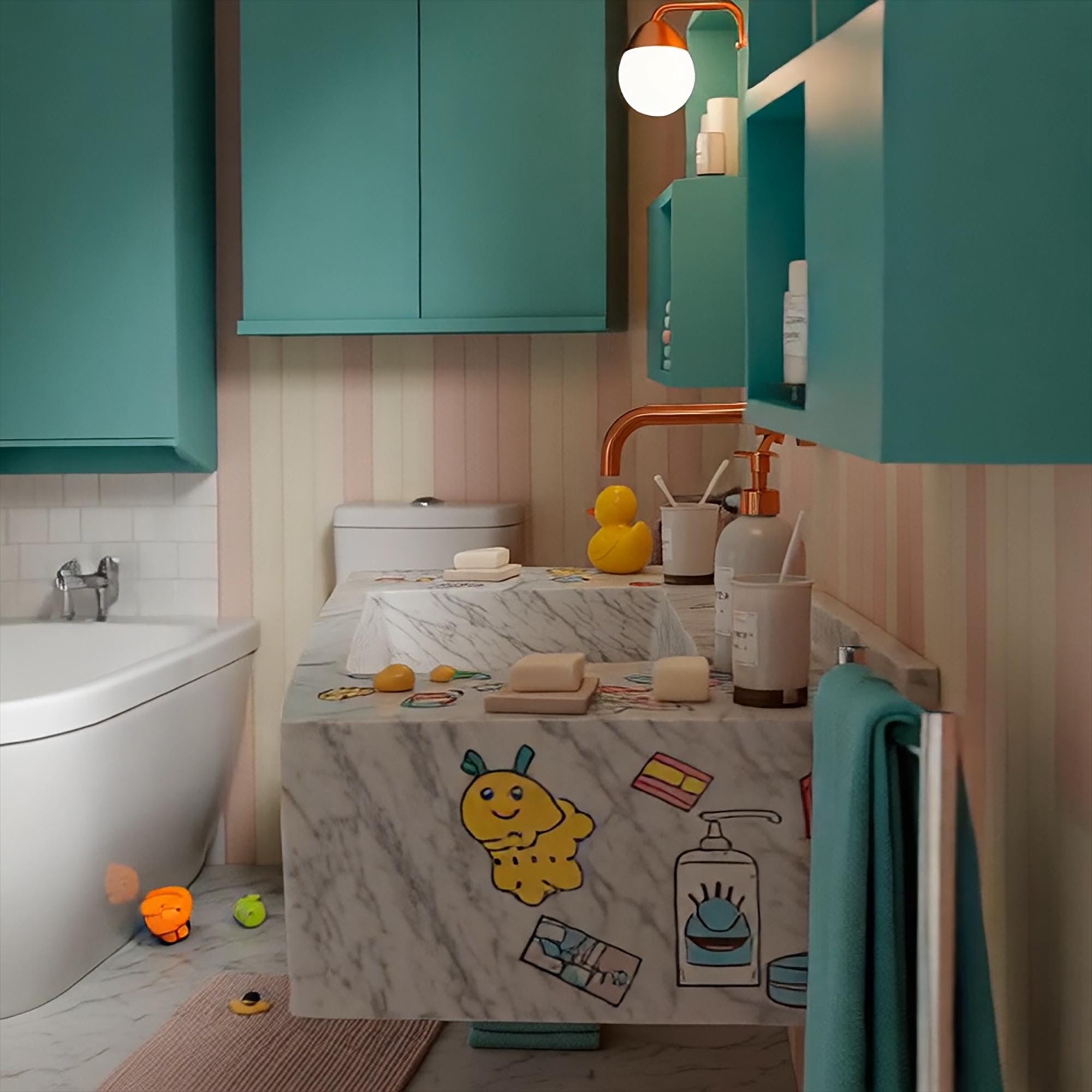 Double basin marble vanity with playful artwork and orange faucet