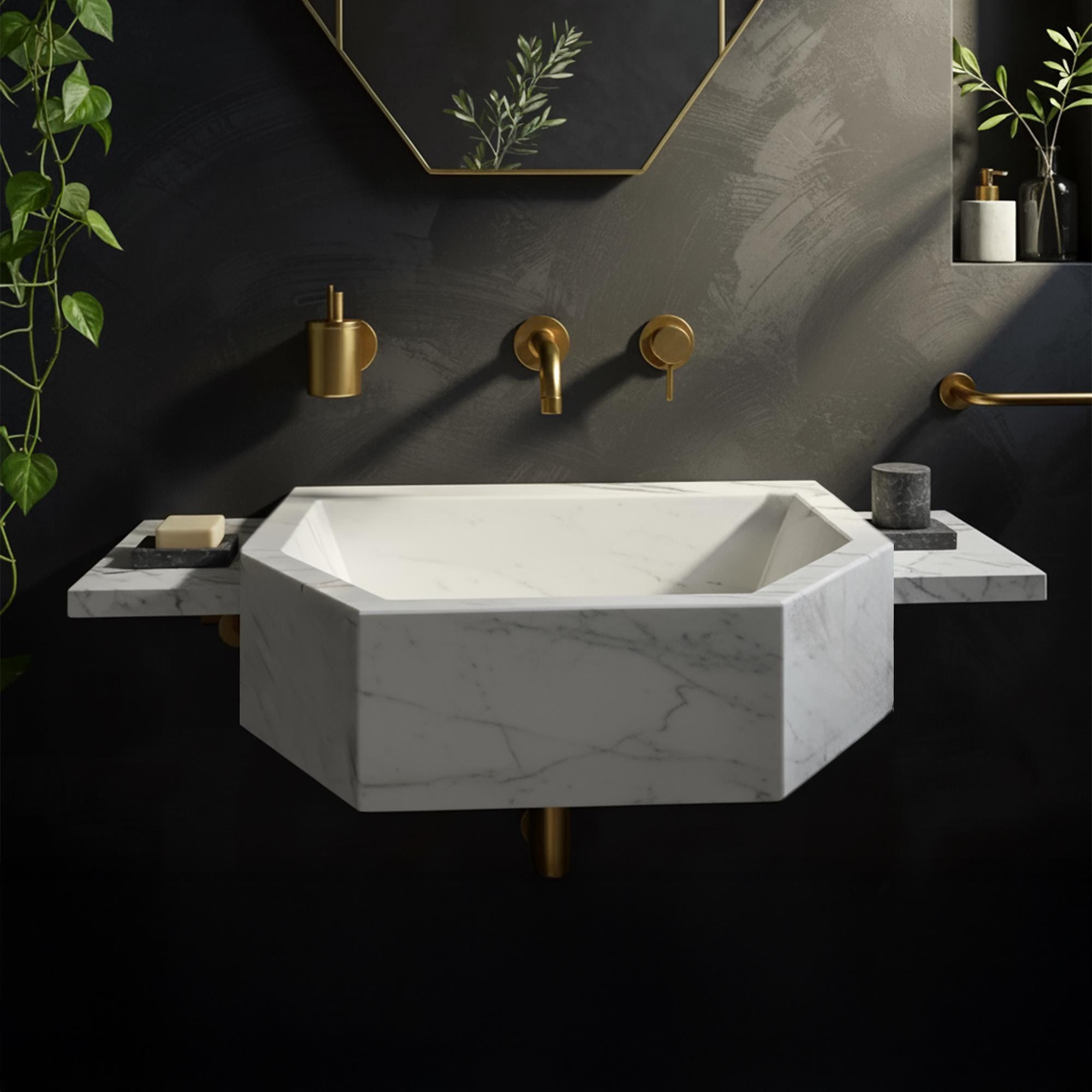 A luxurious Carrara marble wall-mounted sink with octagonal shaping and floating side platforms designed for modern bathrooms.