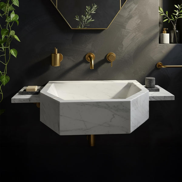Octagon Carrara Marble Wall Sink with Floating Side Shelves M2S039
