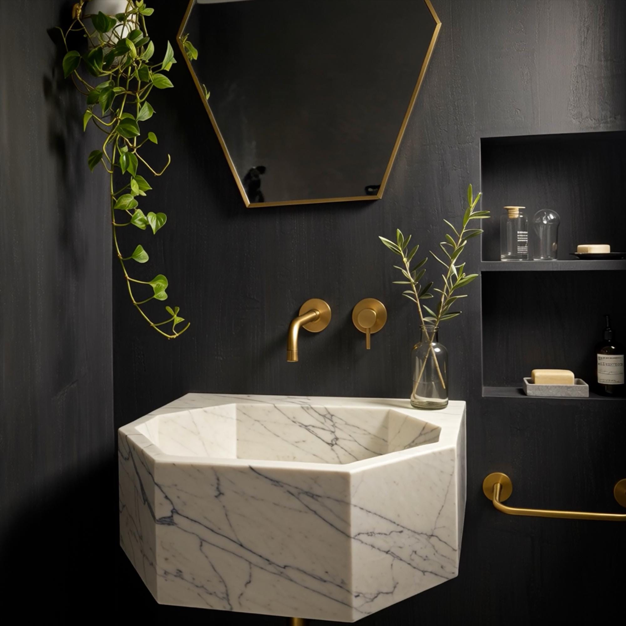 Floating luxury sink in sculpted white Carrara marble with dark veining
