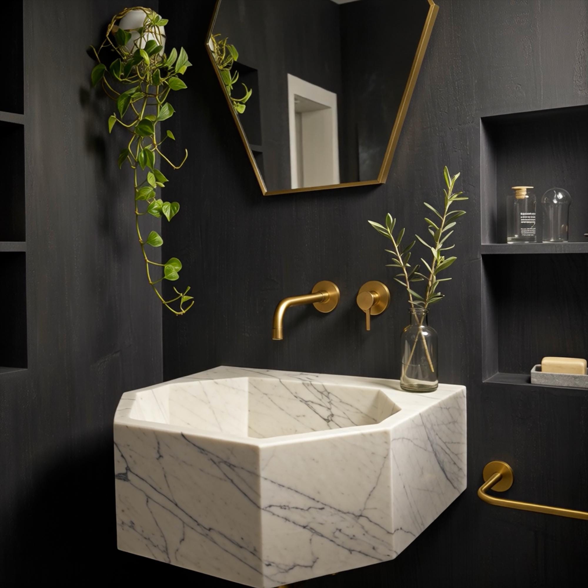 Space-saving designer marble basin for contemporary upscale bathrooms