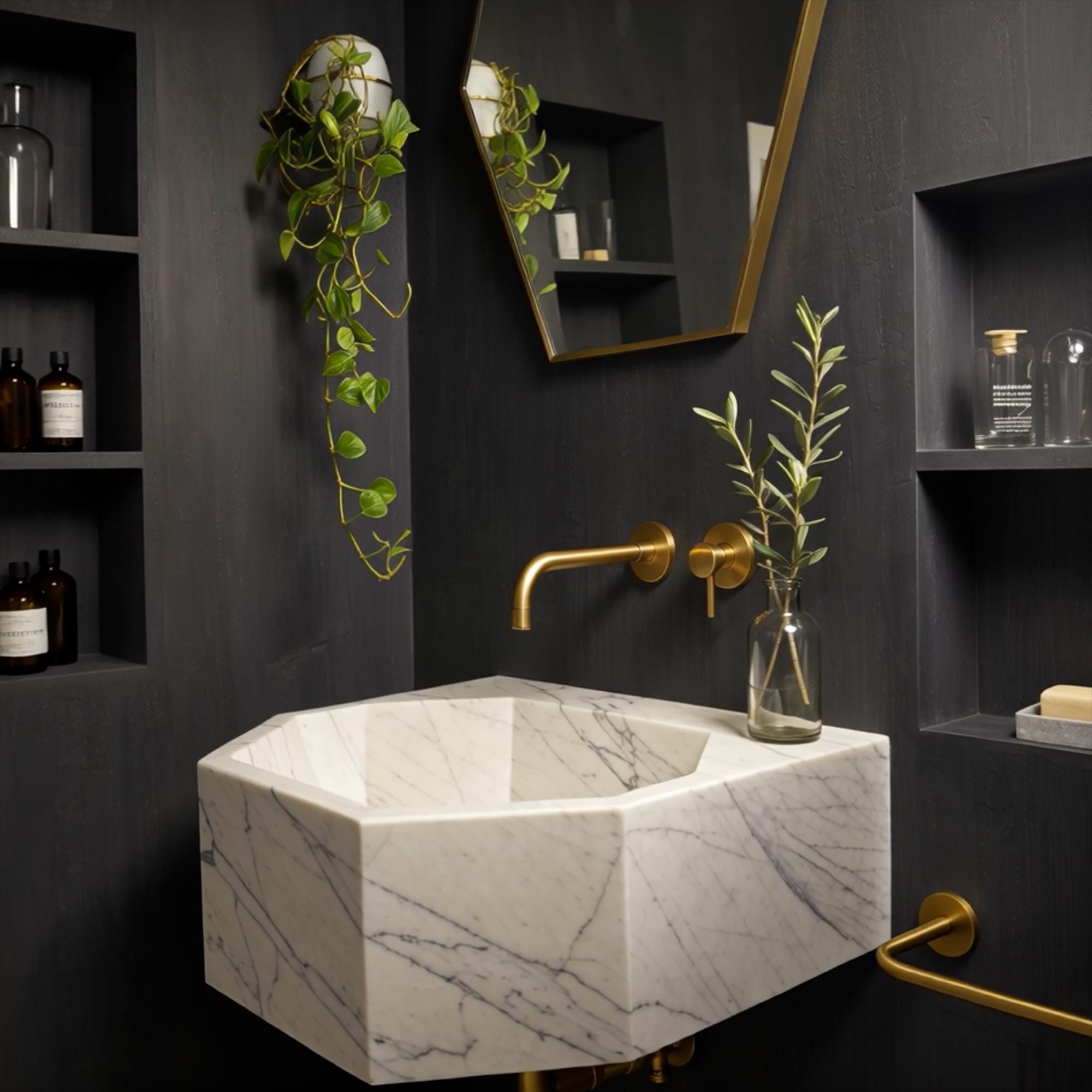 Minimalist octagonal vessel sink in premium Carrara marble