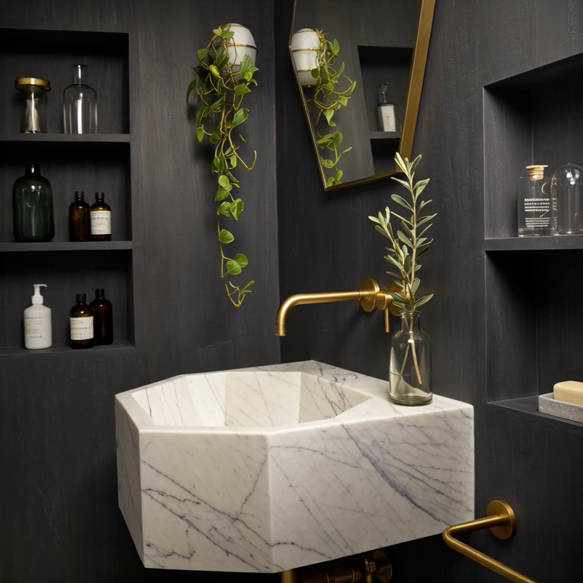 Elegant handcrafted Carrara wall sink with gold faucet and décor