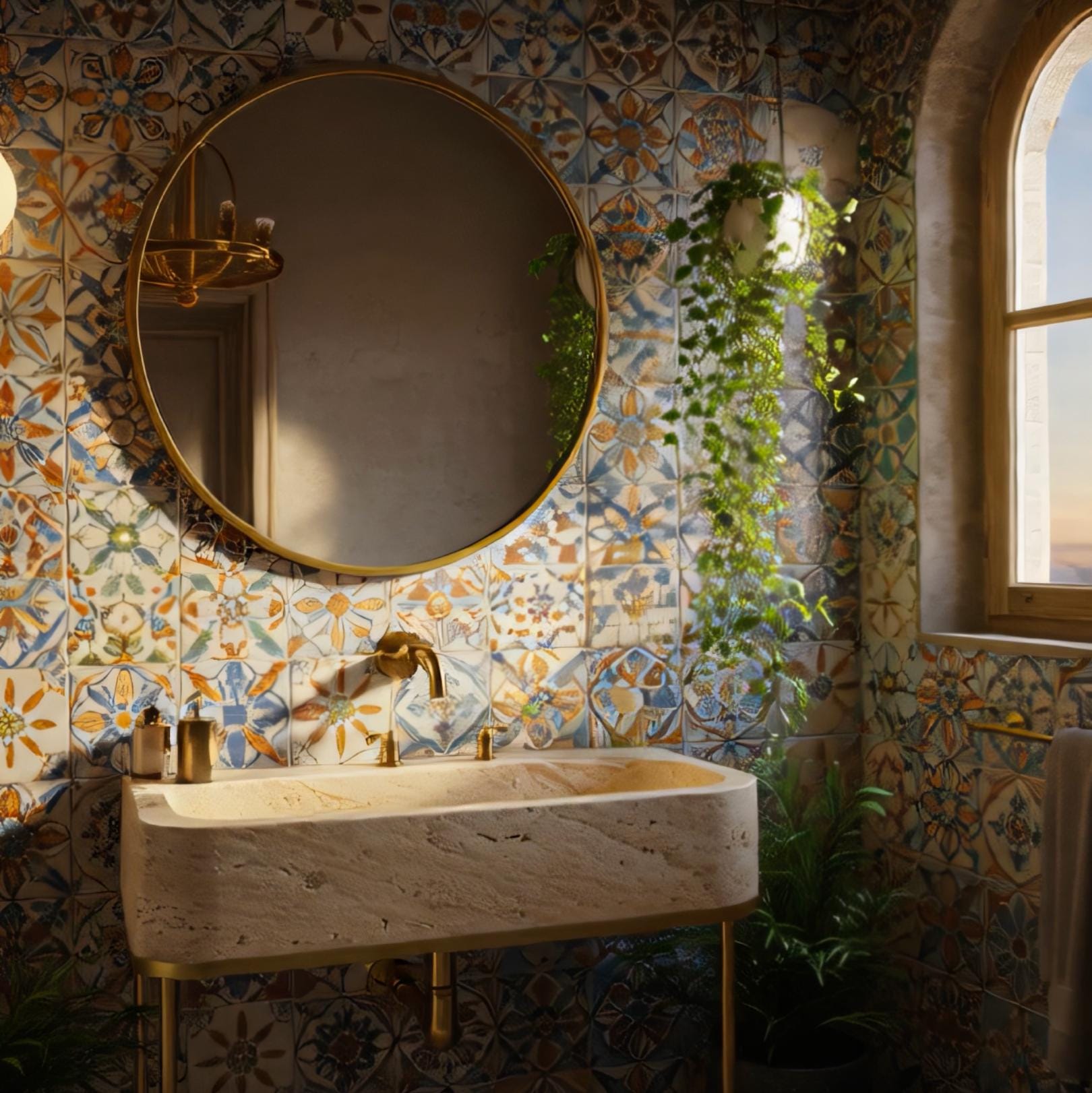 The photo captures a rustic yet refined travertine basin against vibrant patterned tiles.