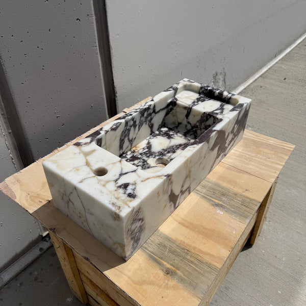 Compact Calacatta Viola Marble Sink with Faucet Hole – Rectangular Modern Vanity Basin M2S041 hover