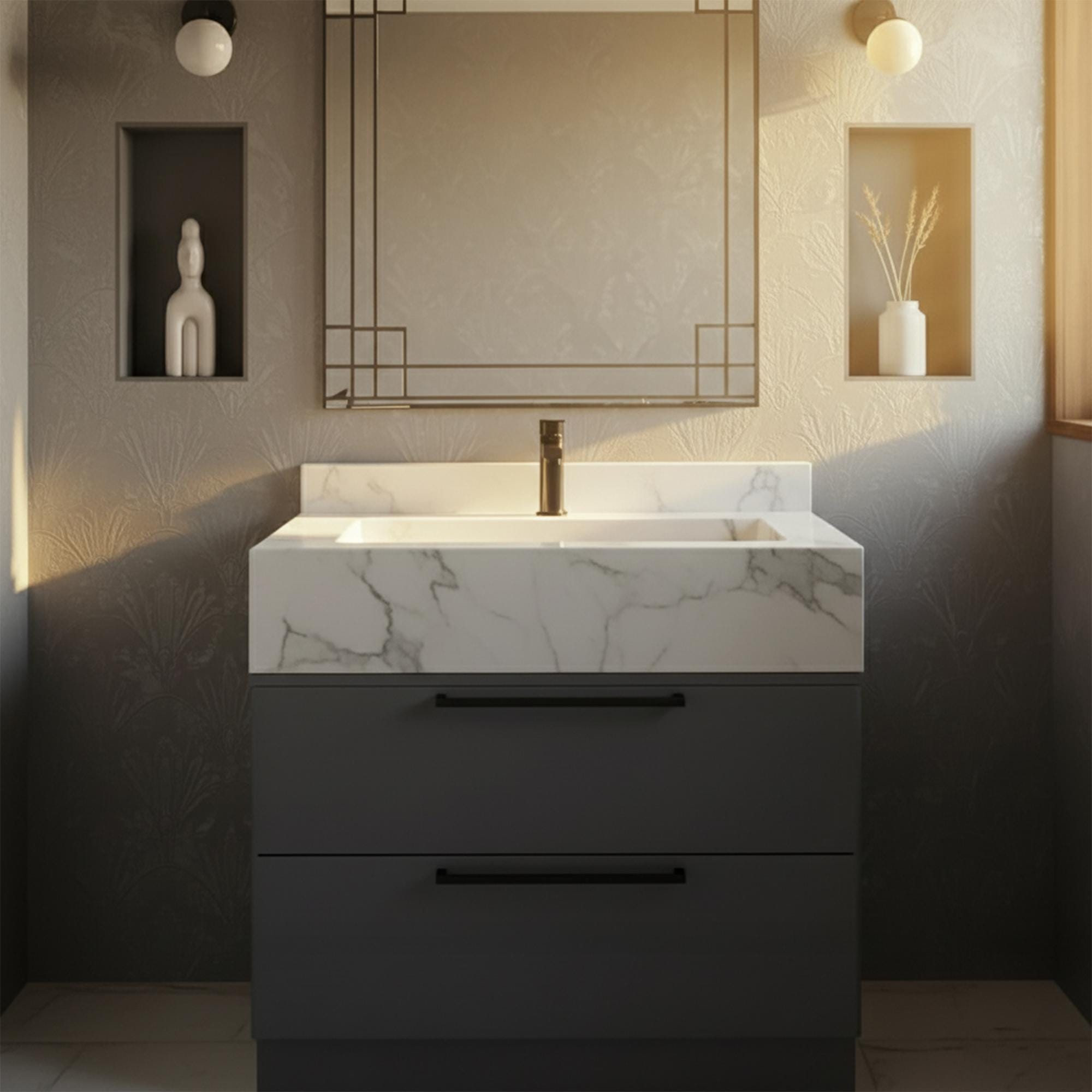 A close-up of a white marble sink with bold veining, mounted above a sleek two-drawer black vanity.