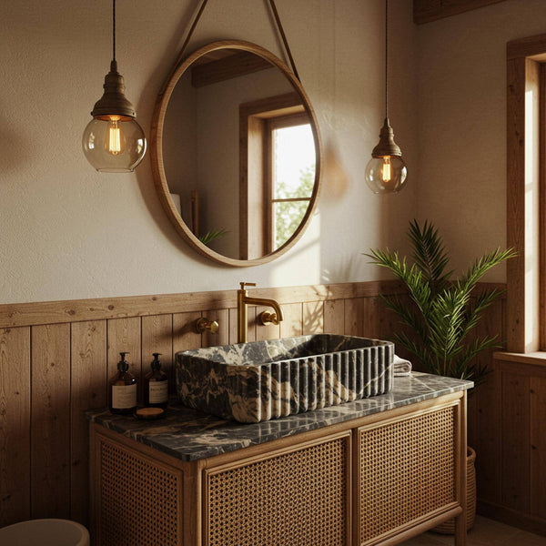 Fluted Picasso Marble Sink with Cane Wood Vanity M2F51