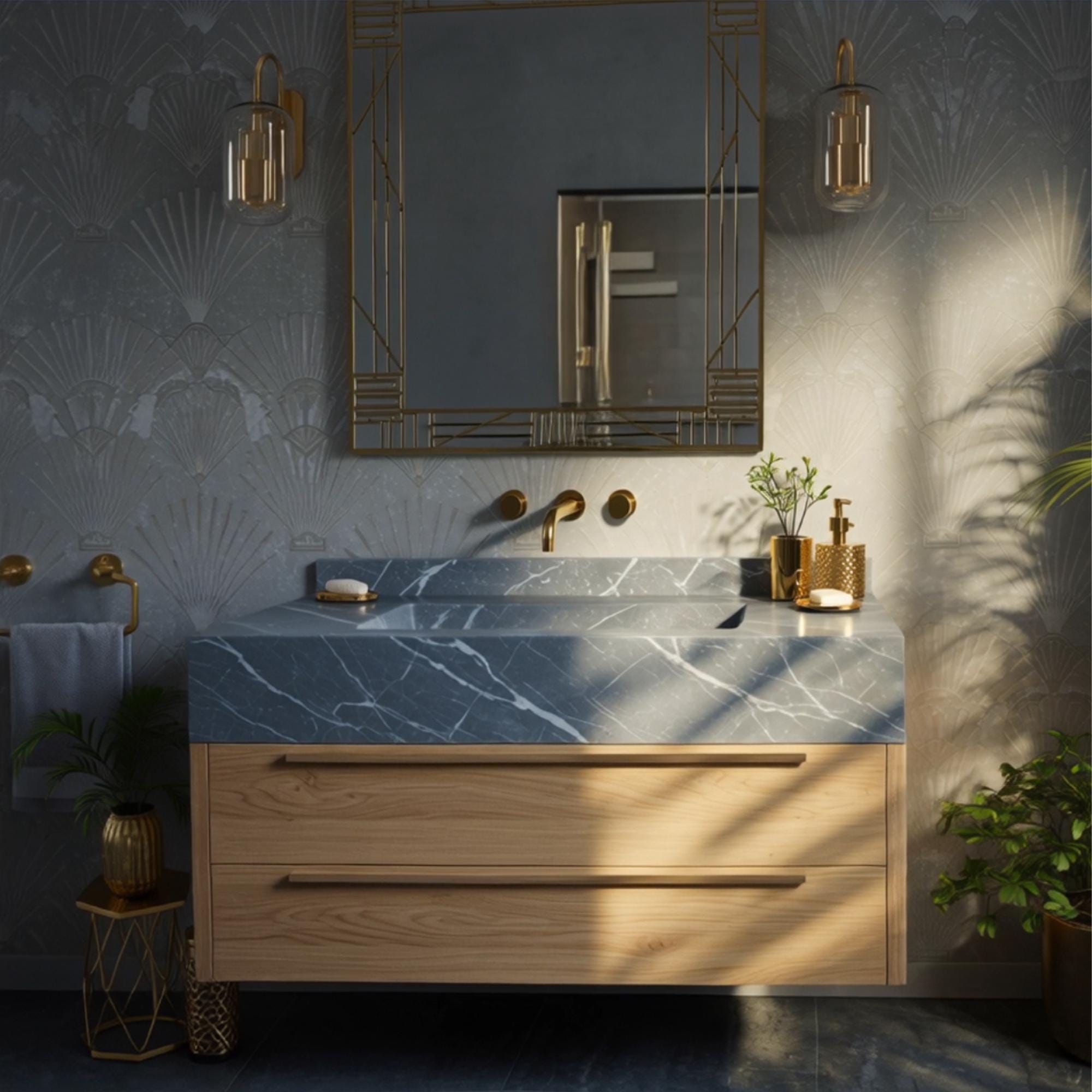 Floating bathroom vanity in natural wood and gray marble stone