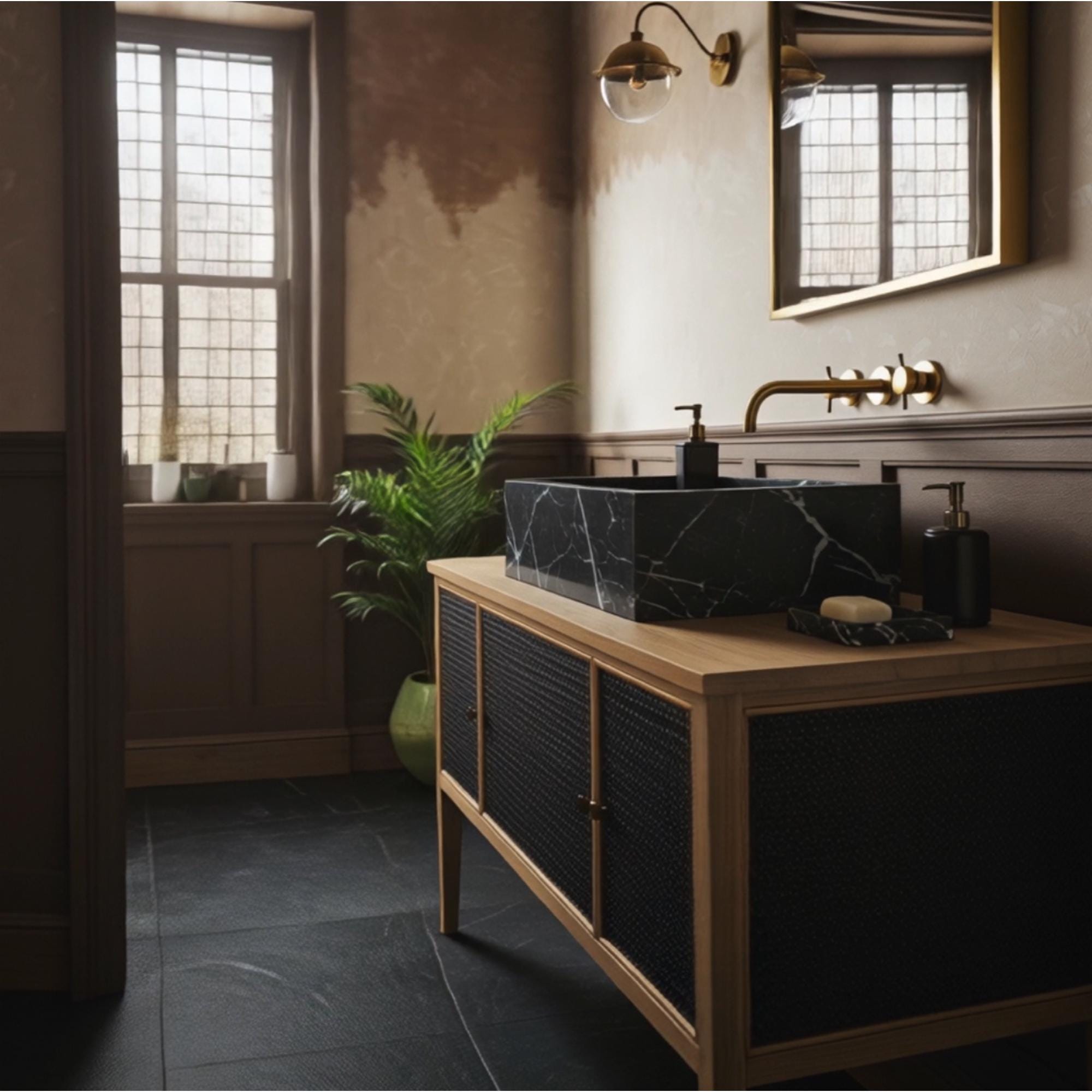 Modern vanity with natural wood and marble sink