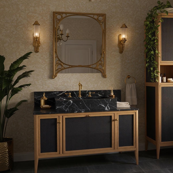 Pietre Notte Marble Vanity with Brass Fixtures and Oak Frame M2F47 hover