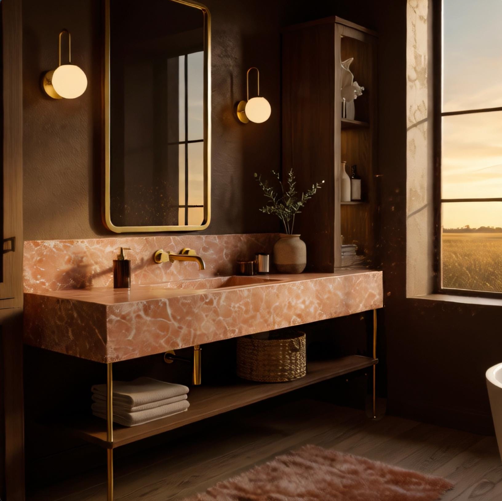 This pink marble basin showcases veining detail and modern brass accents in a luxury setting.