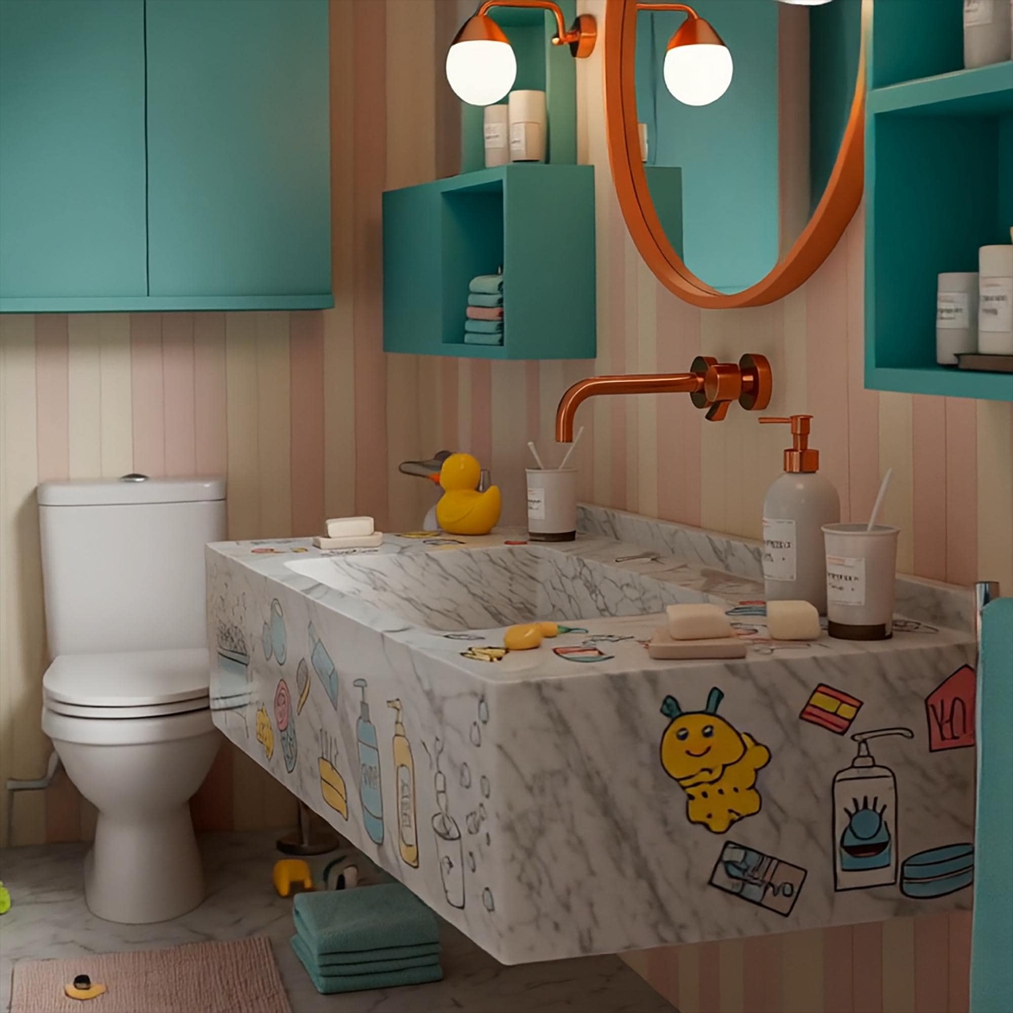 Child-friendly marble sink featuring hand-drawn bath-time elements