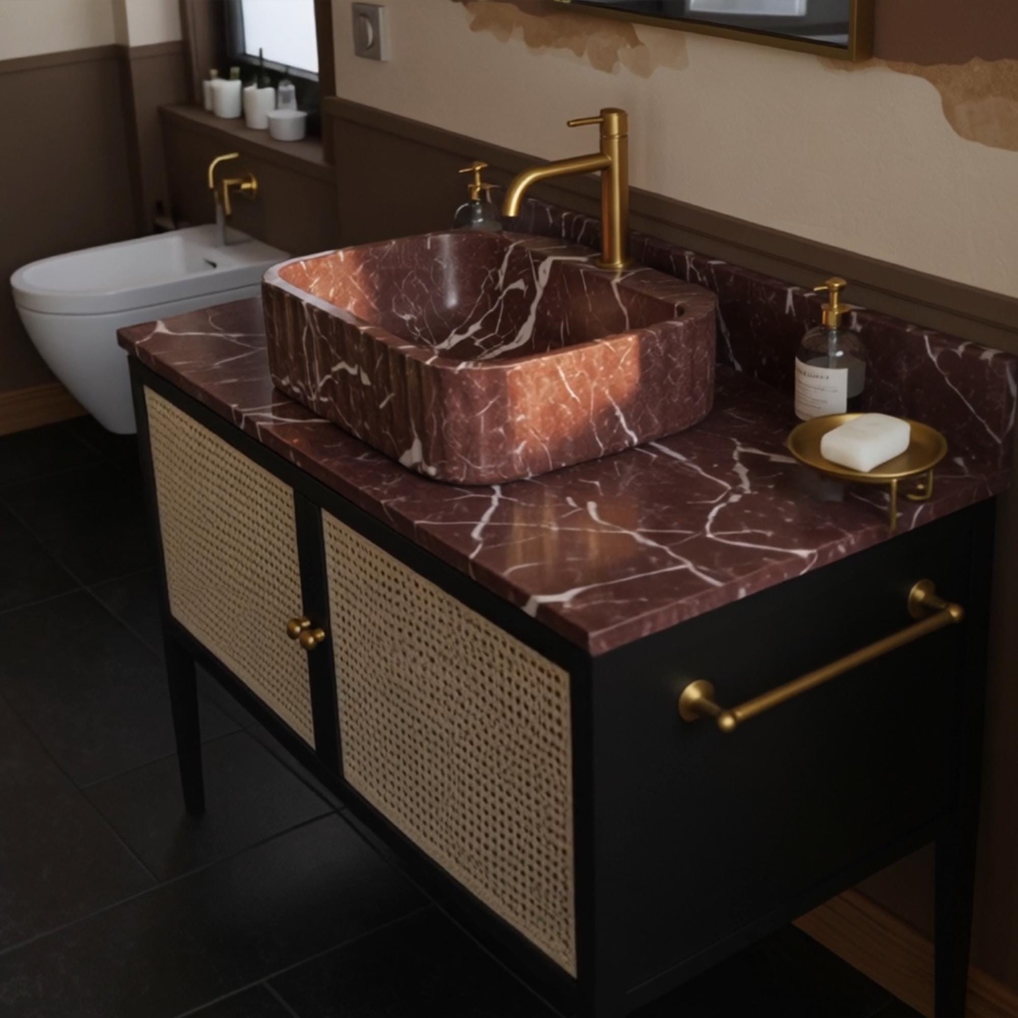 Rosso Levanto marble sink on luxury vanity cabinet