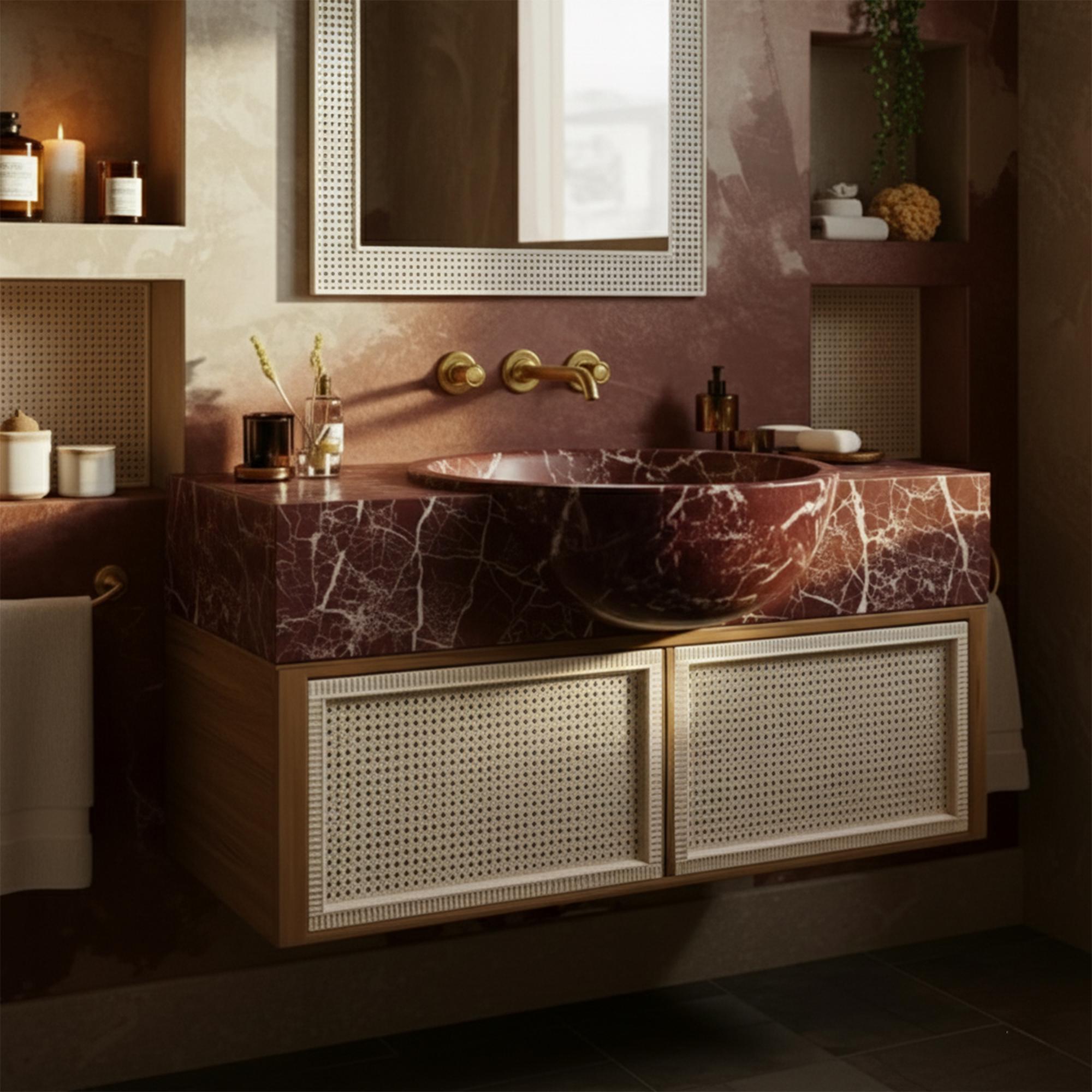 Luxury round red marble basin paired with wall-mounted faucet and woven cabinet