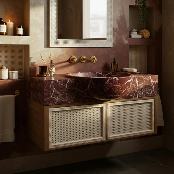 Rosso Levanto Marble Sink - Luxury Red Stone Vanity with Cane Wood Cabinet M2F74 hover