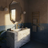 Carrara marble bathroom vanity with integrated sink and drawers