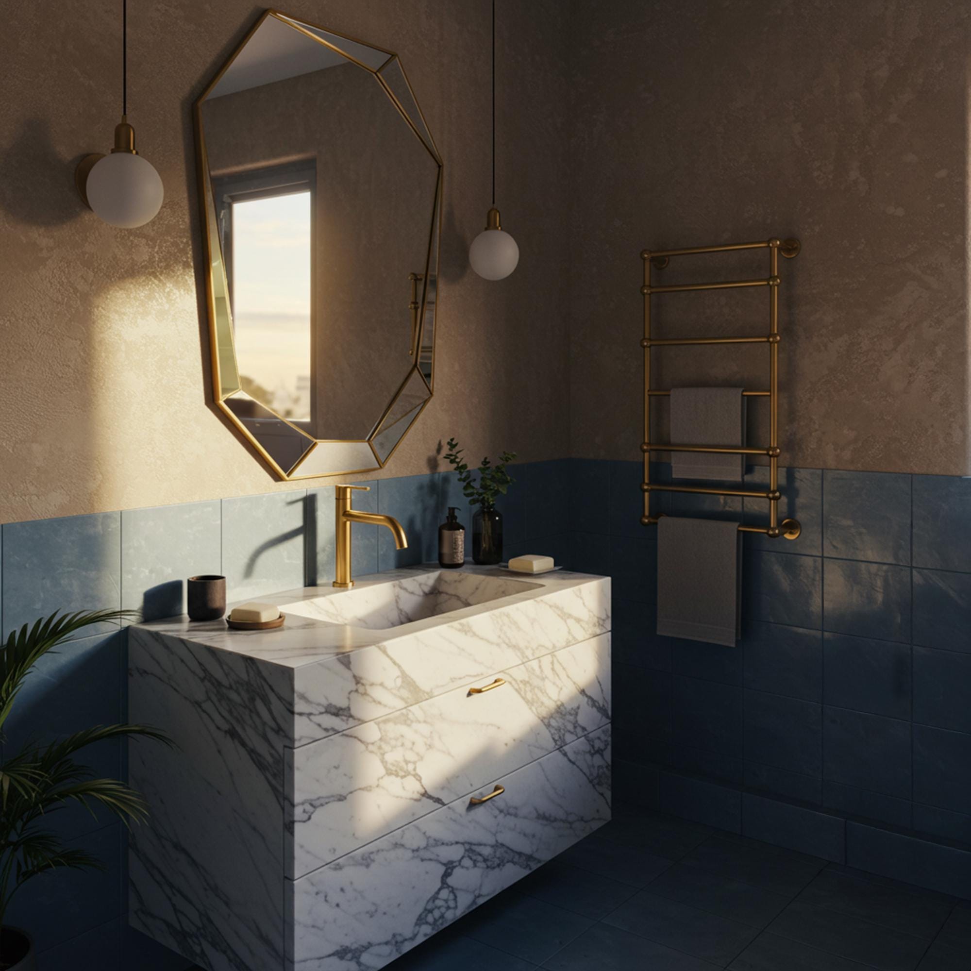 Carrara marble bathroom vanity with integrated sink and drawers