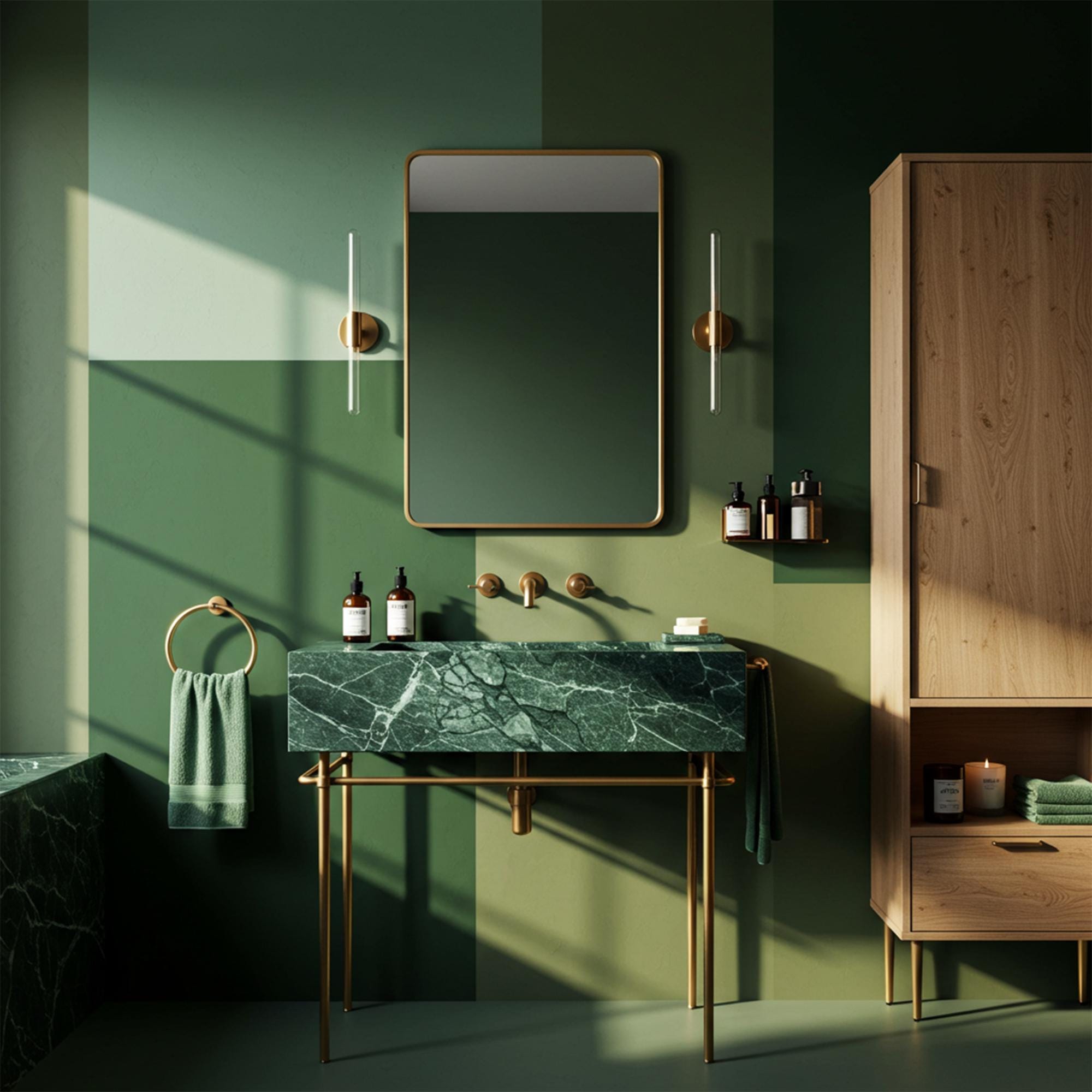 Verde marble sink with brass frame in a luxury green bathroom