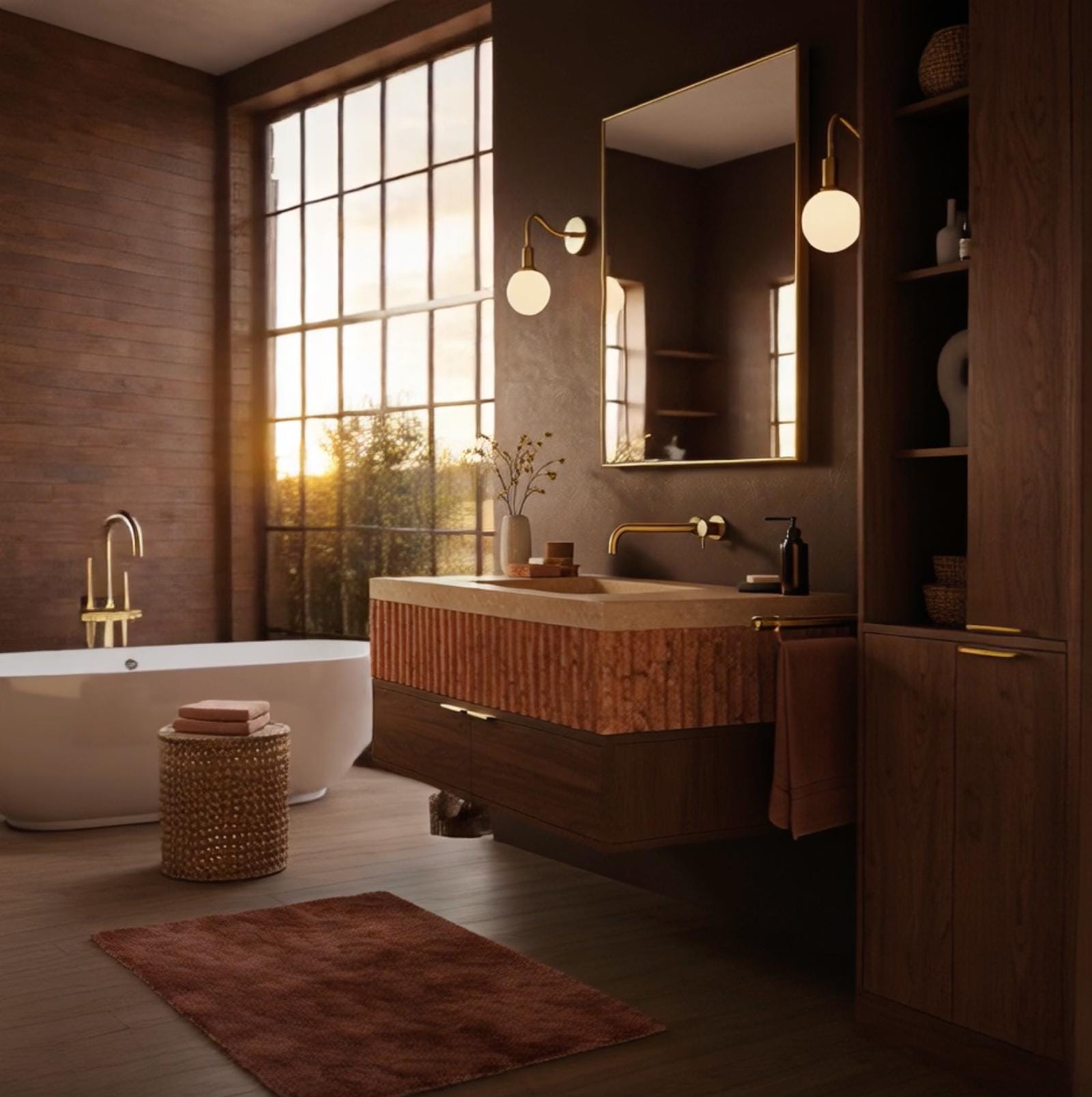 Contemporary bathroom vanity in sculpted pink stone and wood combination