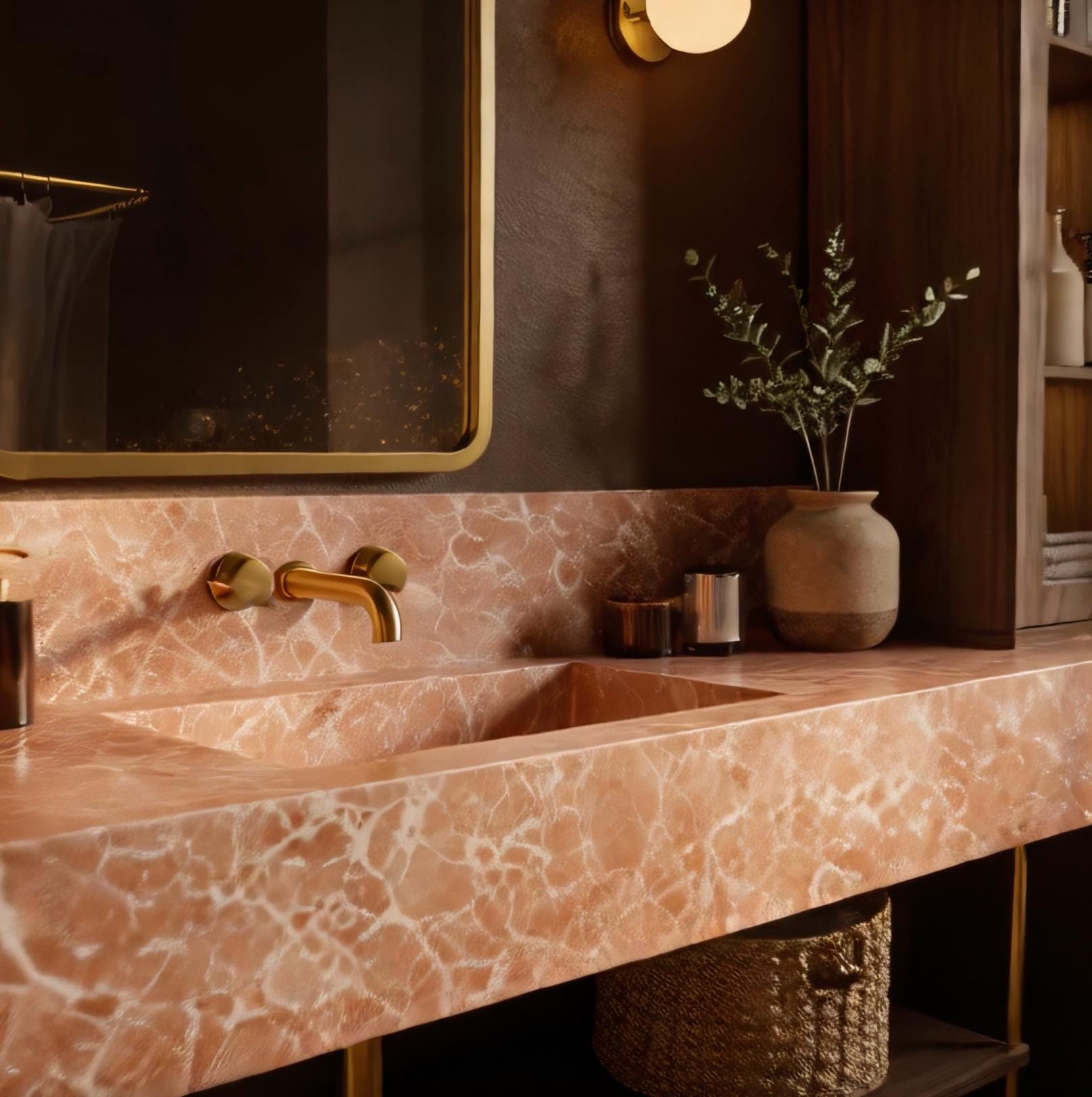A designer bathroom vanity made from polished pink marble and mounted on sleek brass legs.