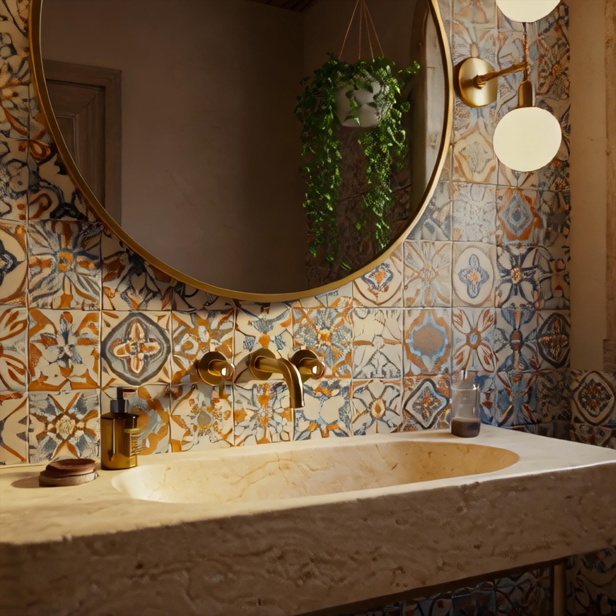 A designer travertine bathroom sink standing out against colorful vintage tiles.